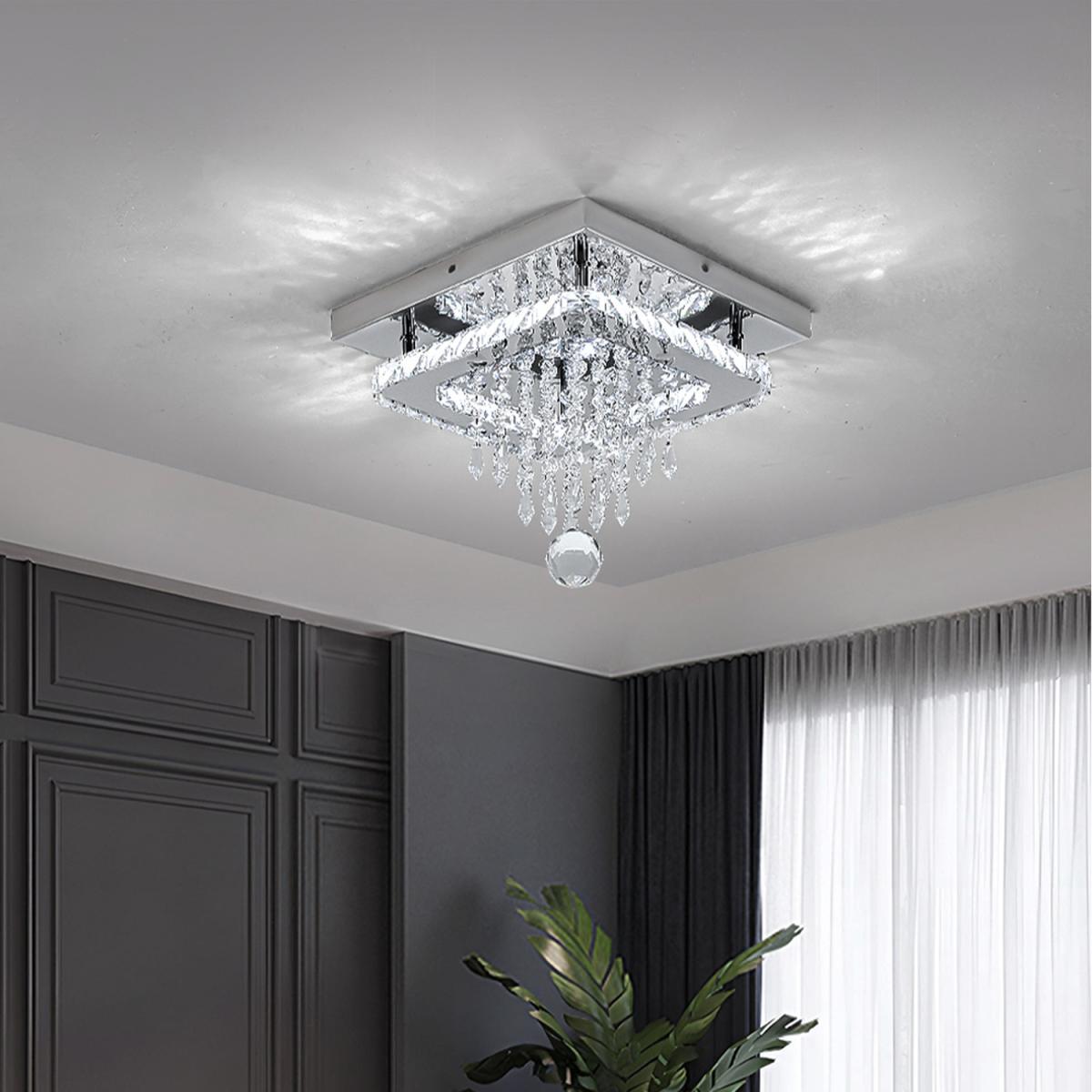 Rectangular Ceiling Light with Crystal Ring and Hanging Pendants - Silver