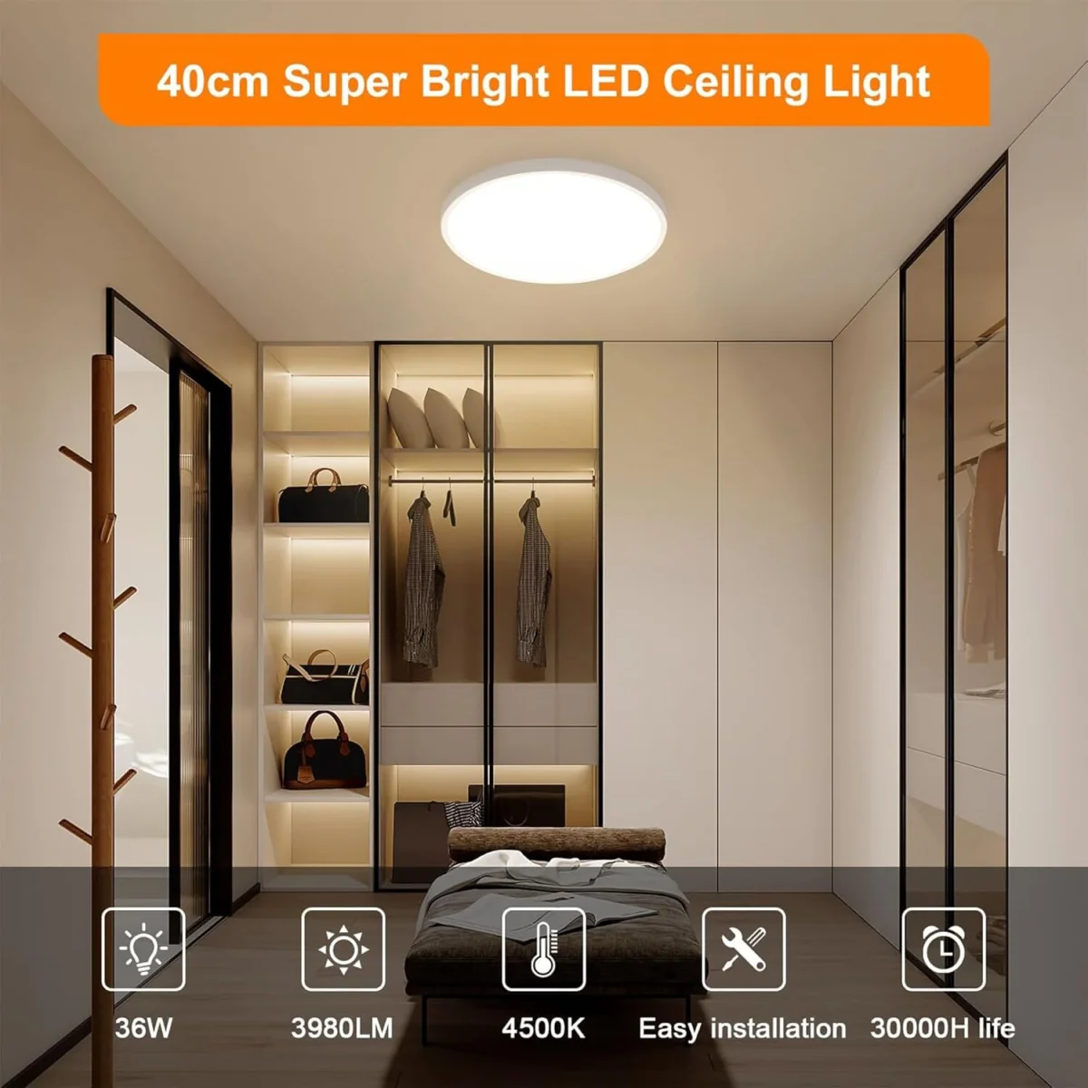 GOECO Round LED Ceiling Light 40cm 36W IP44 3000K Warm Light for Bathroom - White – image 2