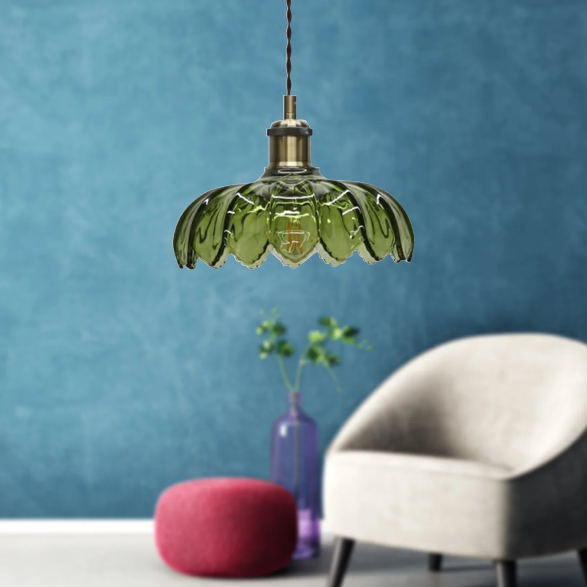 Alice Ceiling Single Pendant Light - Clear Green Glass With Antique Brass Plate Detail – image 2