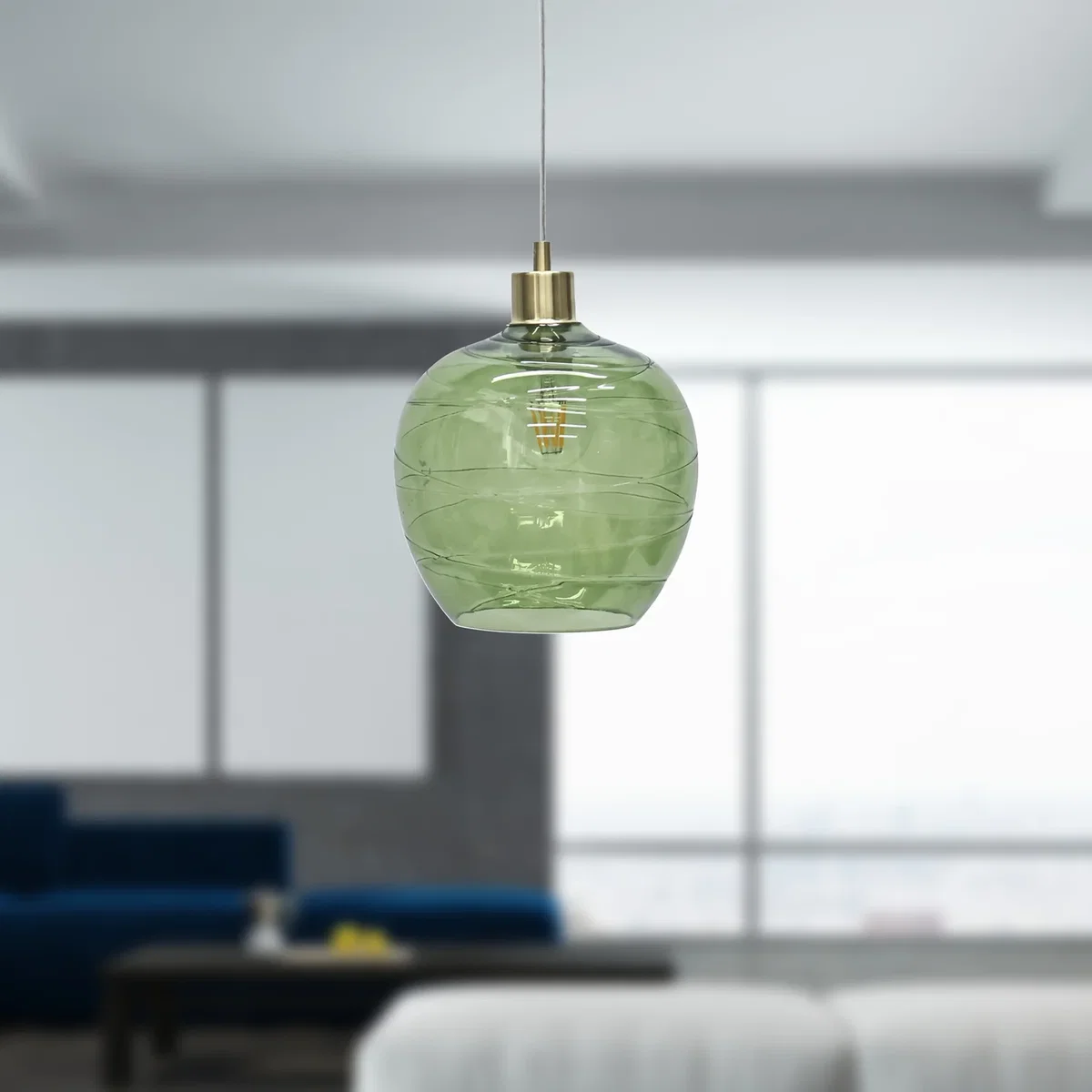 Set Of 2 Leah Green Ripple Glass Globe Satin Brass Pendant Fittings - Satin Brass & Green – image 2