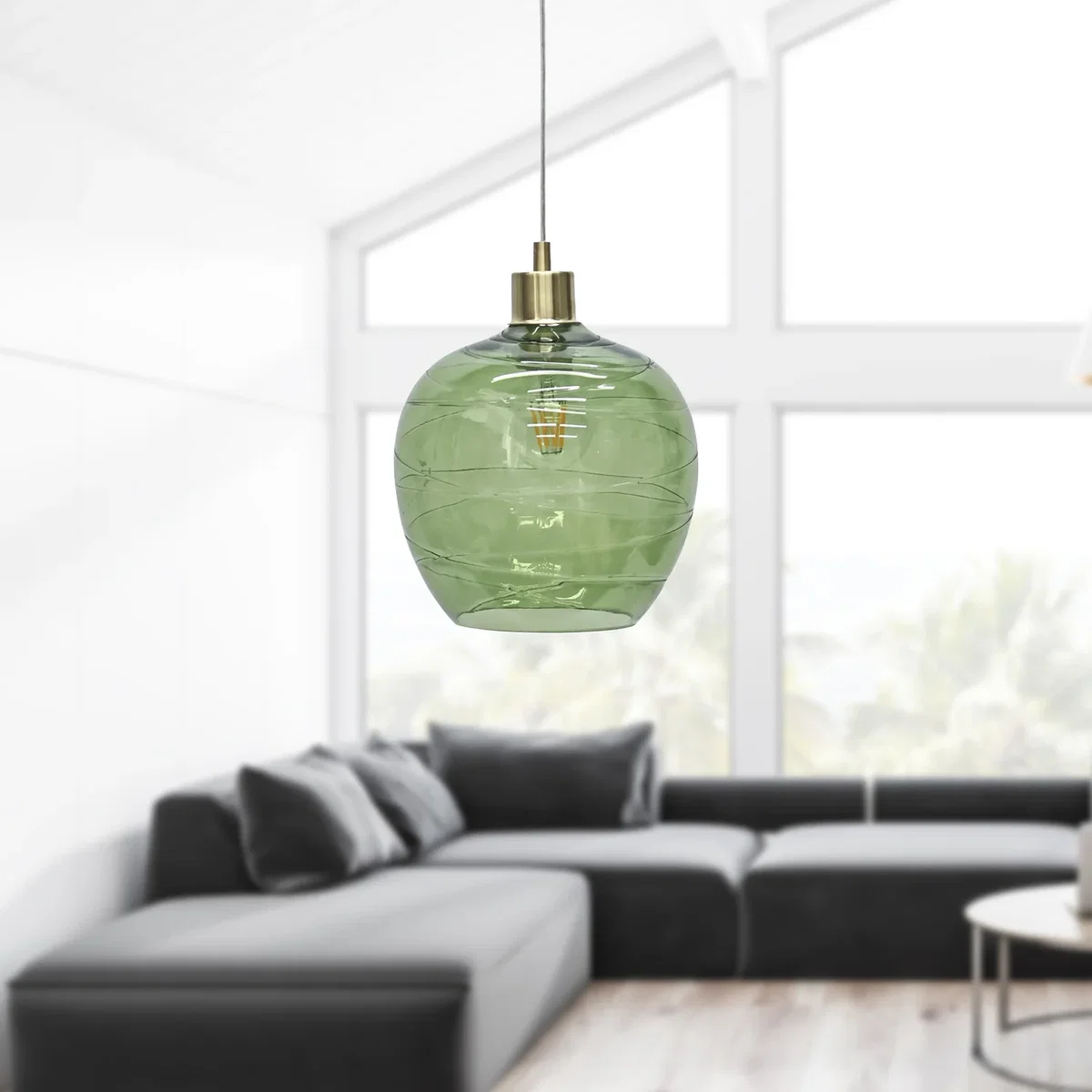 Set Of 2 Leah Green Ripple Glass Globe Satin Brass Pendant Fittings - Satin Brass & Green – image 3