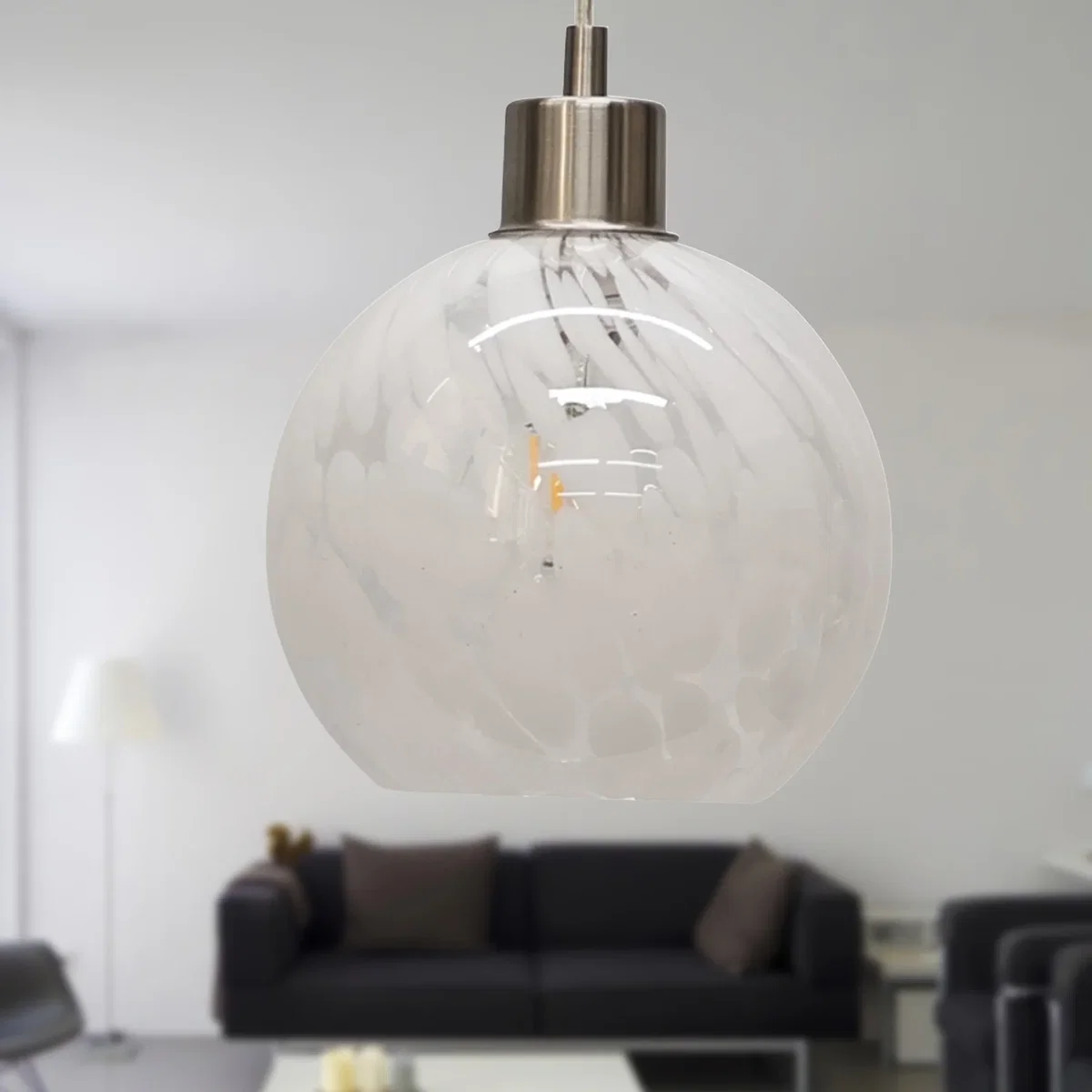 Set Of 2 Confetti Glass Globe With Satin Nickel Pendant Fittings - Satin Nickel & White – image 2