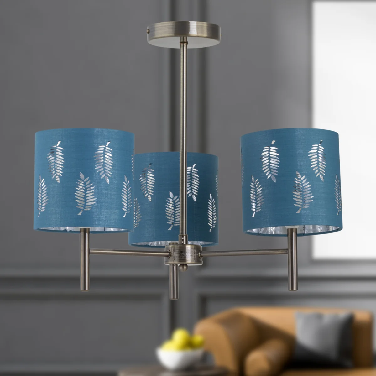 Brea Antique Brass 3 Light Fitting With Teal Fern Shades - Antique Brass & Teal – image 2