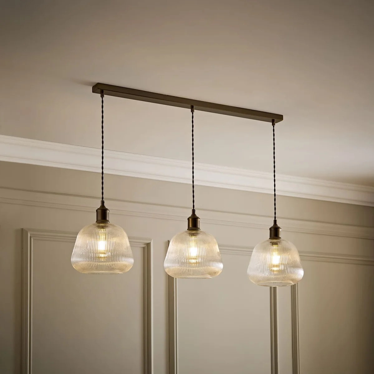 Delora Ribbed Bell Glass Shade 3 Drop Diner Ceiling Pendant Light - Brushed Brass / 3 – image 4