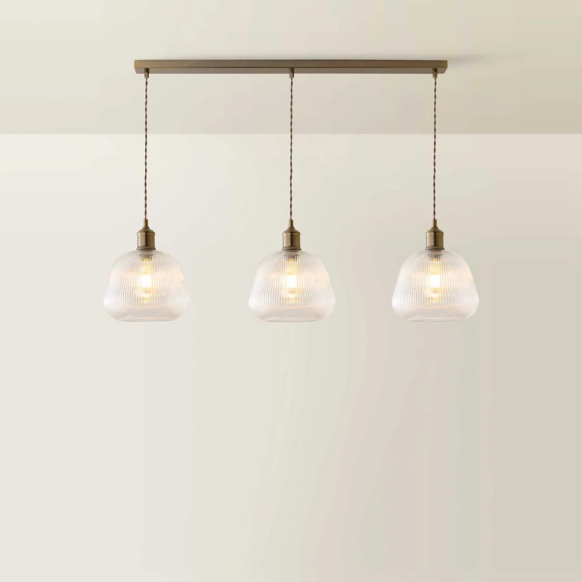 Delora Ribbed Bell Glass Shade 3 Drop Diner Ceiling Pendant Light - Brushed Brass / 3 – image 5
