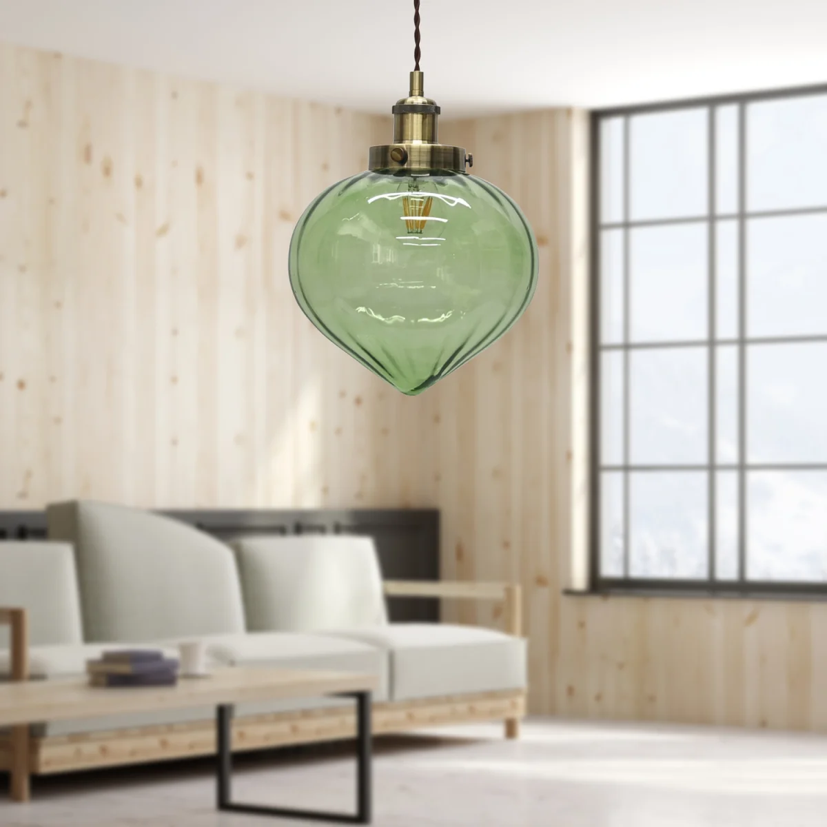 Layla Ceiling Single Pendant Light - Clear Green Glass With Antique Brass Plate Detail – image 4