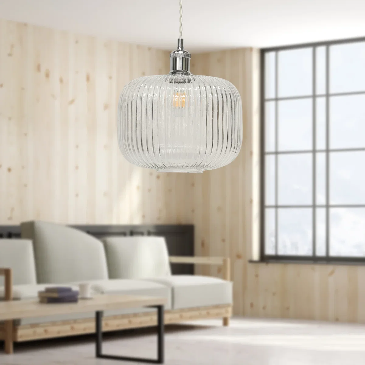 Batley Large Clear Ribbed Glass Chrome Retro Pendant Fitting - Chrome & Clear – image 4