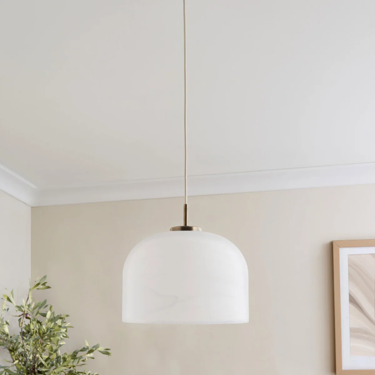 Set Of 2 Oberon Ceiling Single Pendant Lights - Matt Antique Brass Plate And Alabaster White Glass – image 11