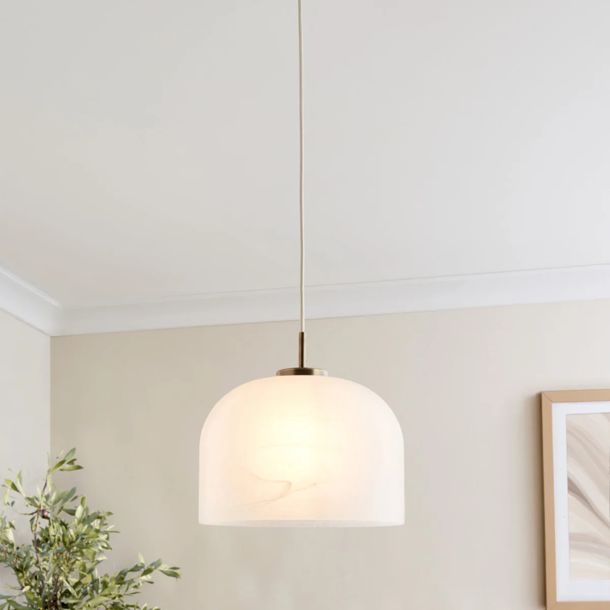 Set Of 2 Oberon Ceiling Single Pendant Lights - Matt Antique Brass Plate And Alabaster White Glass – image 8