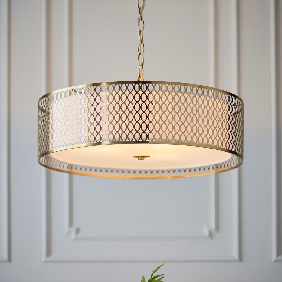 Cordero Single Pendant Ceiling Lamp, Gold Effect Plate, White Fabric, Frosted - Frosted Glass – image 2