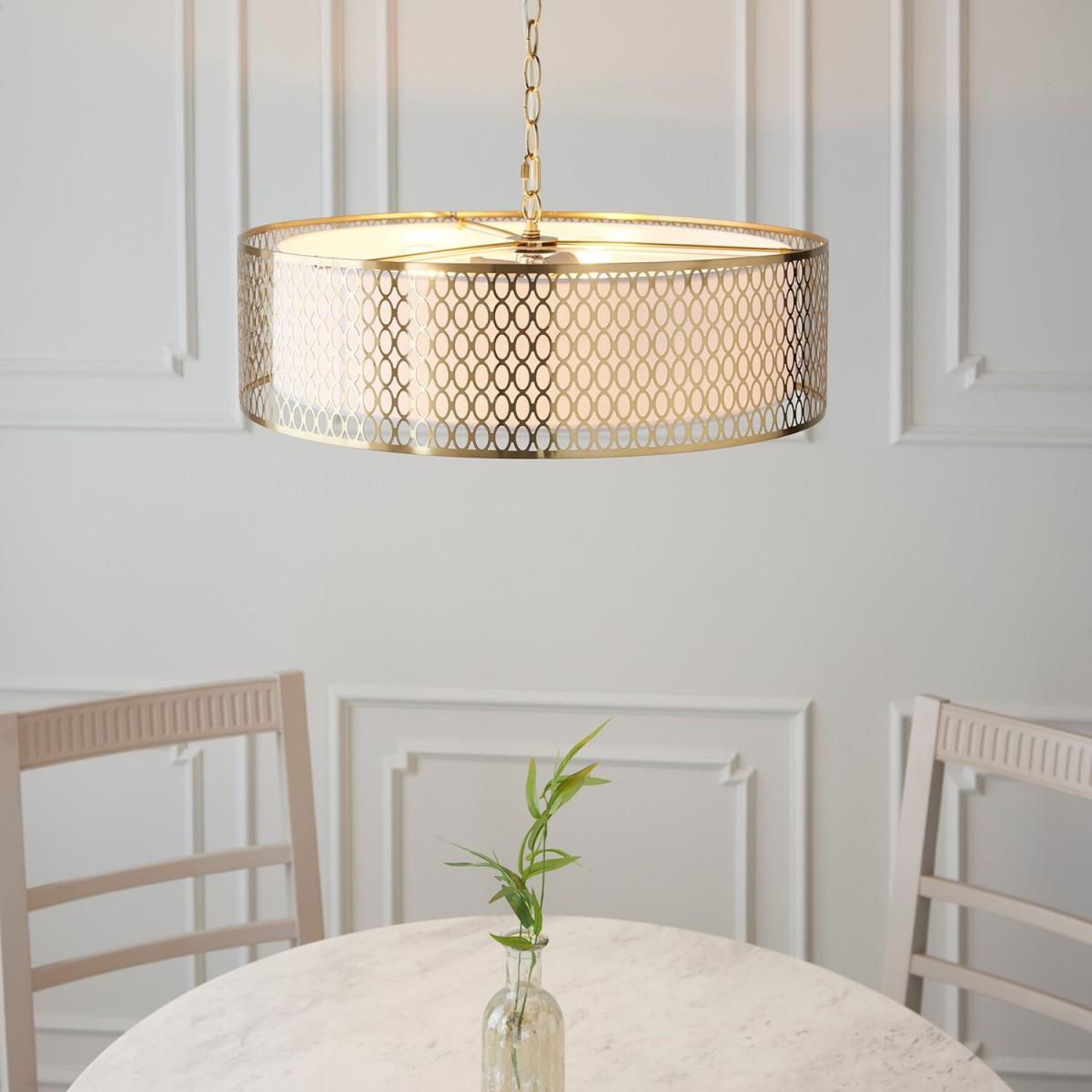Cordero Single Pendant Ceiling Lamp, Gold Effect Plate, White Fabric, Frosted - Frosted Glass – image 3