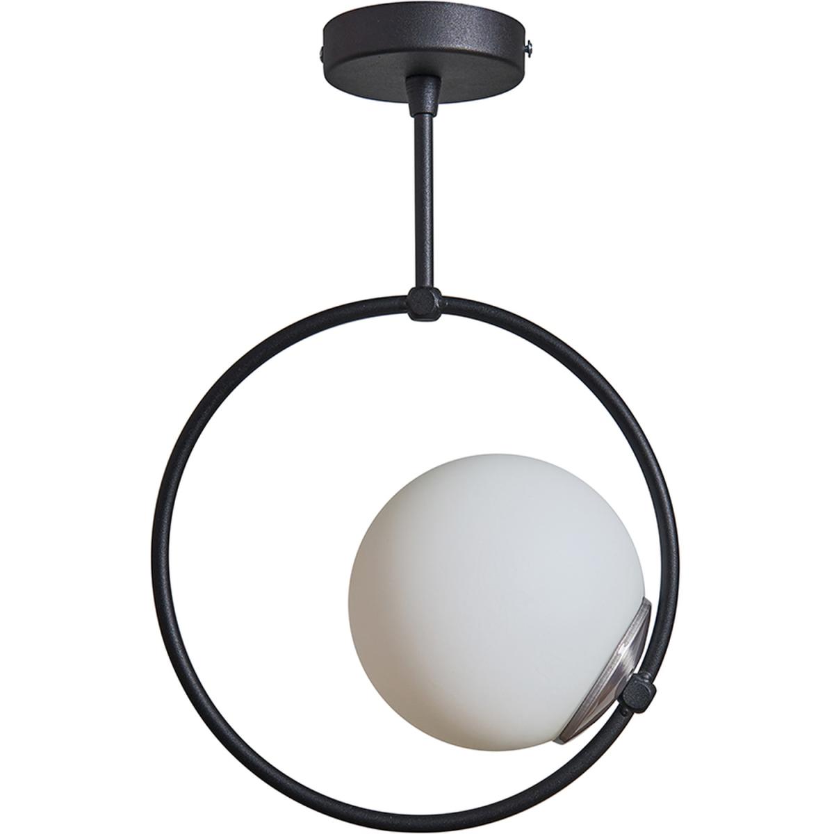 Modern Matt Black Hoop Design Light With White Glass Globe Shade - Black – image 2