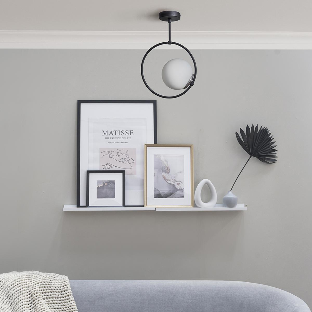Modern Matt Black Hoop Design Light With White Glass Globe Shade - Black – image 3