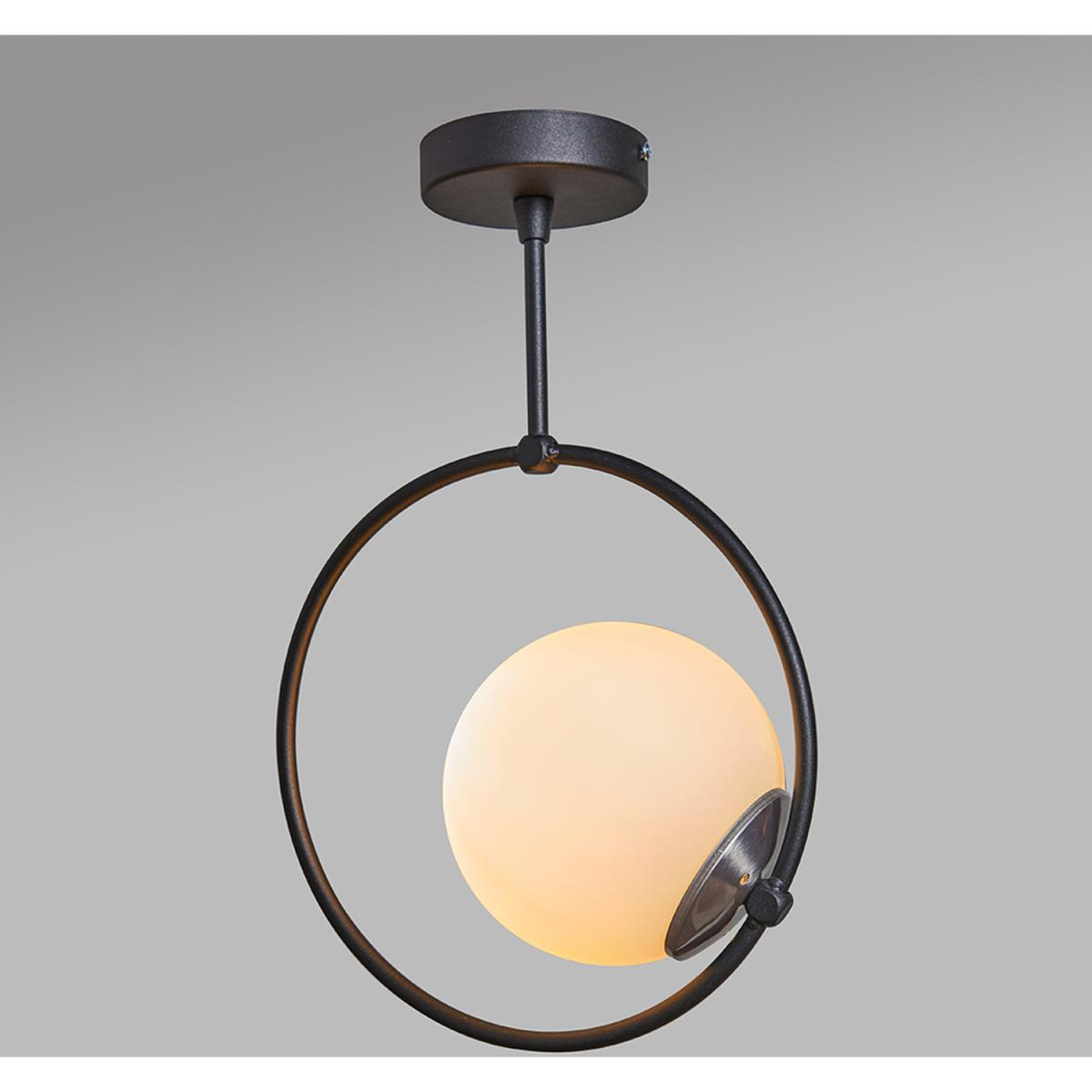 Modern Matt Black Hoop Design Light With White Glass Globe Shade - Black – image 5