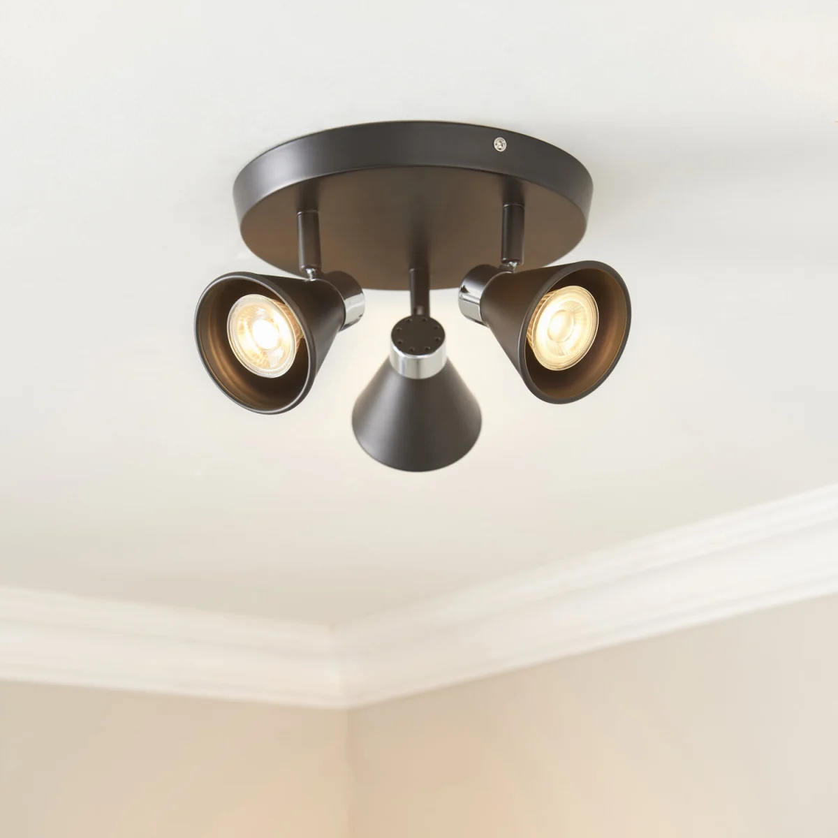 Set Of 2 Burton 3lt Ceiling Spotlights - Matt Black With Polished Chrome Plate Detail – image 7