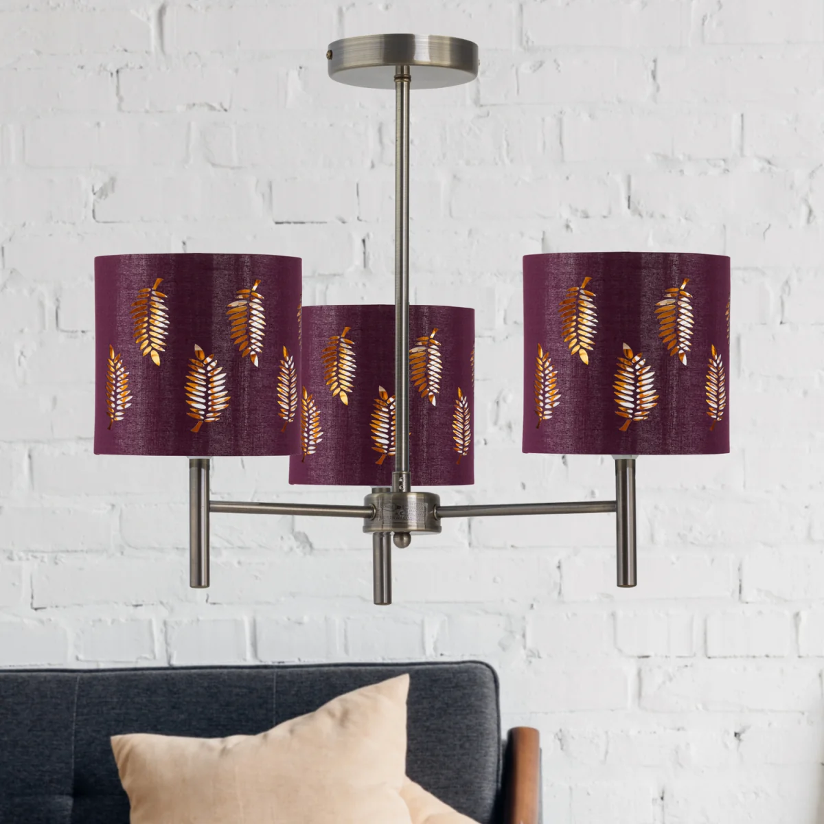 Brea Antique Brass 3 Light Fitting With Burgundy Fern Shades - Antique Brass & Burgundy – image 2