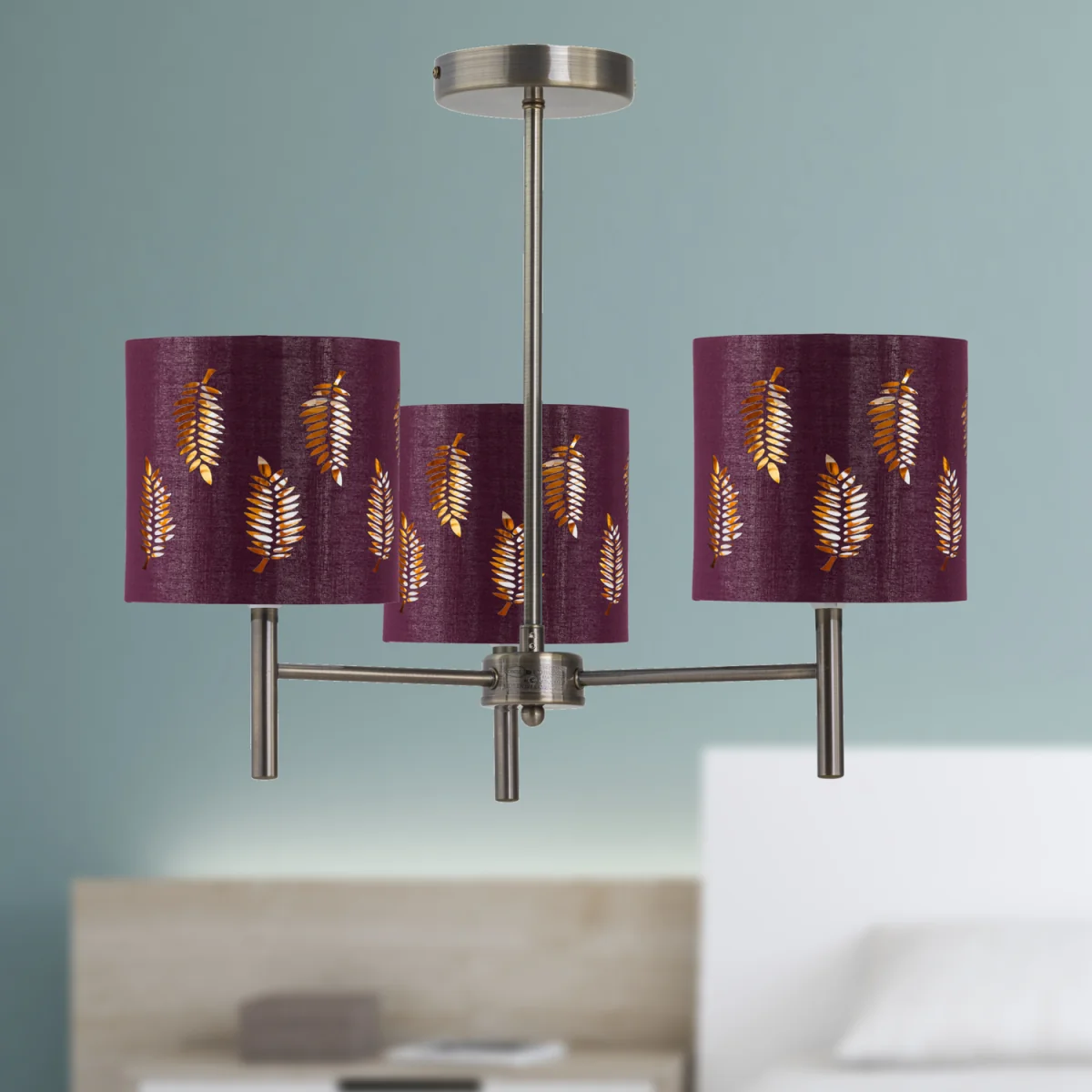 Brea Antique Brass 3 Light Fitting With Burgundy Fern Shades - Antique Brass & Burgundy – image 3