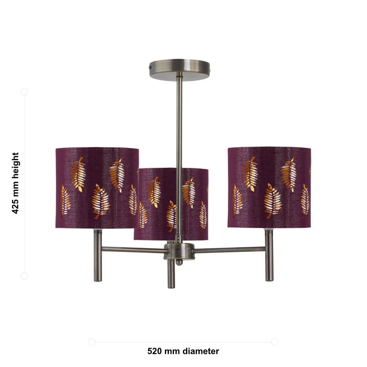 Brea Antique Brass 3 Light Fitting With Burgundy Fern Shades - Antique Brass & Burgundy – image 4