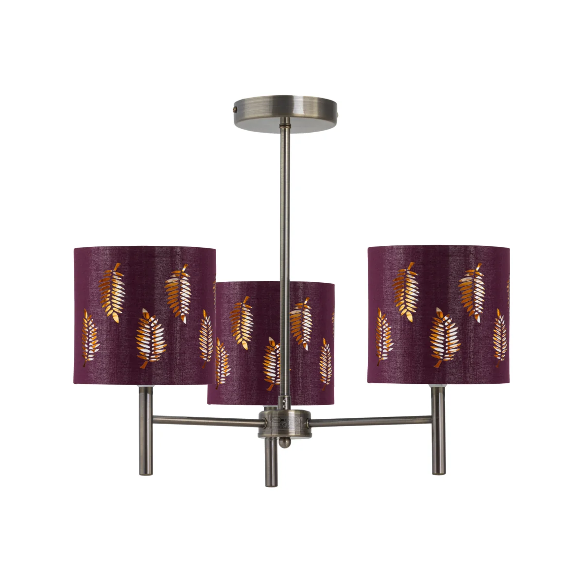 Brea Antique Brass 3 Light Fitting With Burgundy Fern Shades - Antique Brass & Burgundy – image 1