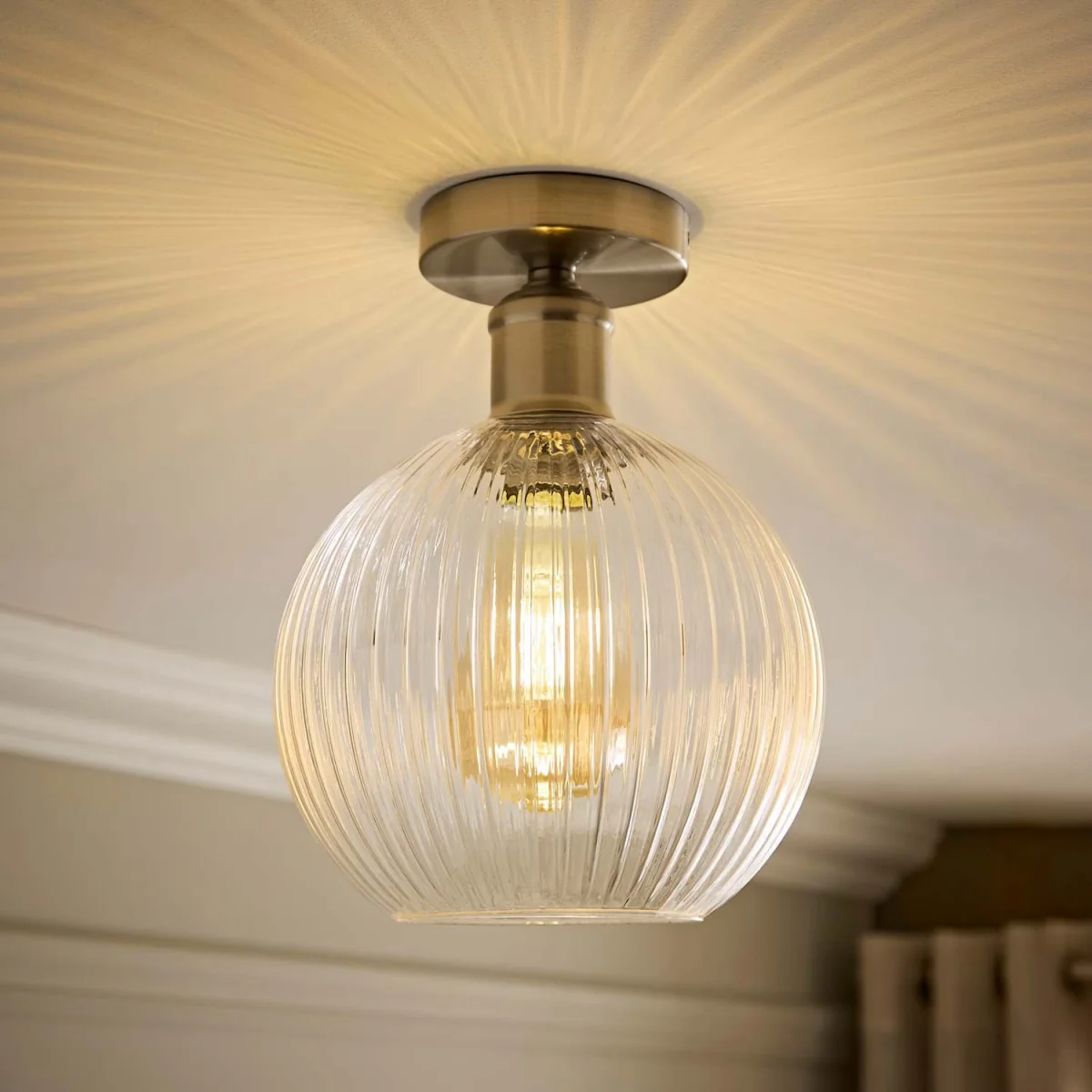 Maddison Clear Ribbed Glass Globe Shades Flush Ceiling Light - Brushed Chrome / 20cm – image 3