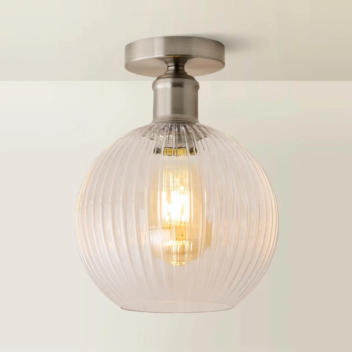 Maddison Clear Ribbed Glass Globe Shades Flush Ceiling Light - Brushed Chrome / 20cm – image 5