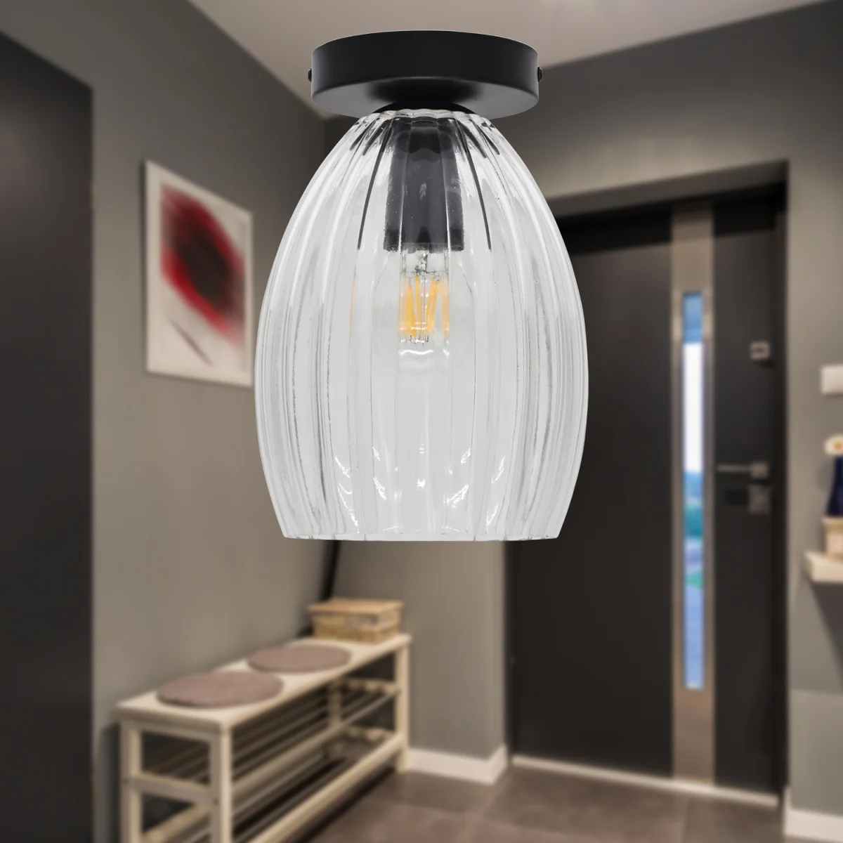 Birch Flush Ceiling Light - Clear Ribbed Glass With Black Detail – image 3