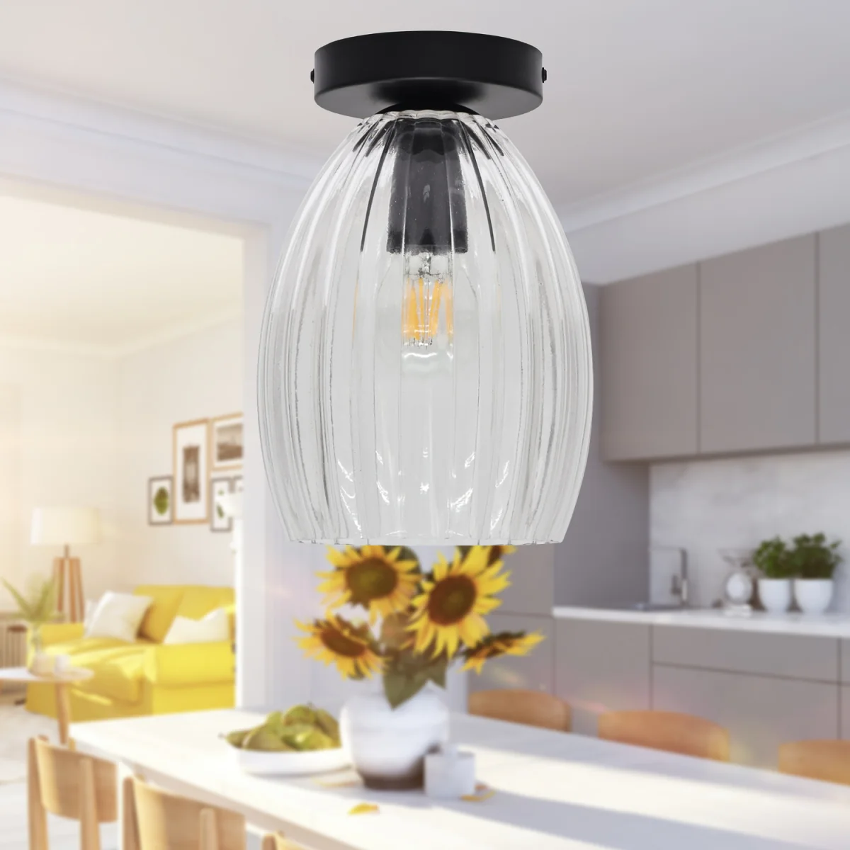 Birch Flush Ceiling Light - Clear Ribbed Glass With Black Detail – image 4