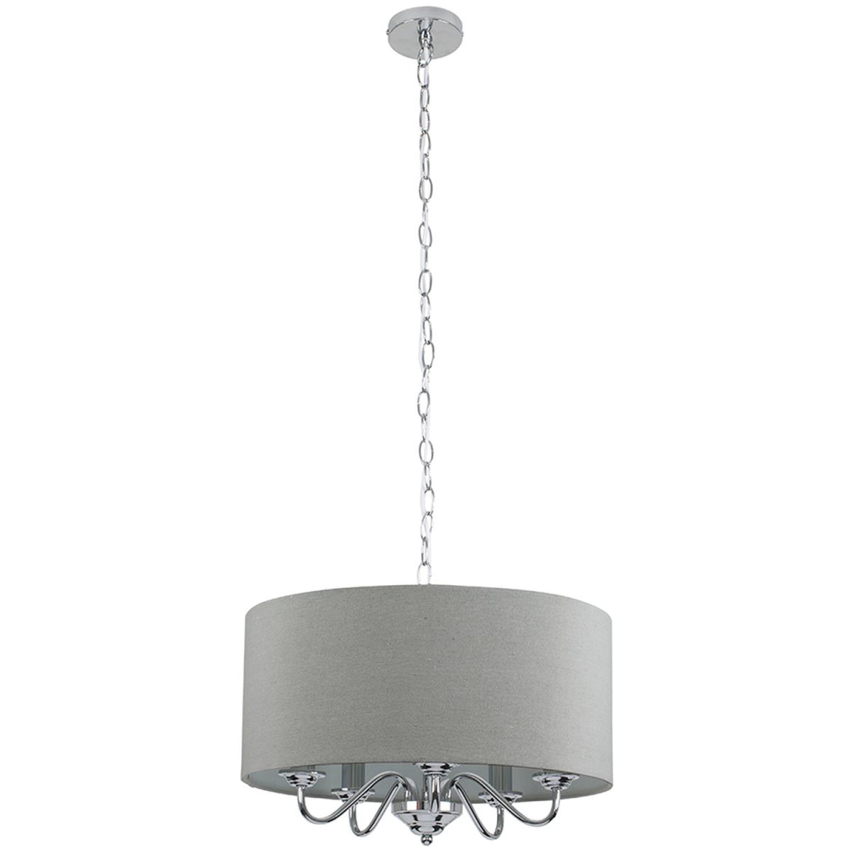 5 Way Chrome Silver Pendant Ceiling Light Grey Linen Shade - Silver – image 3