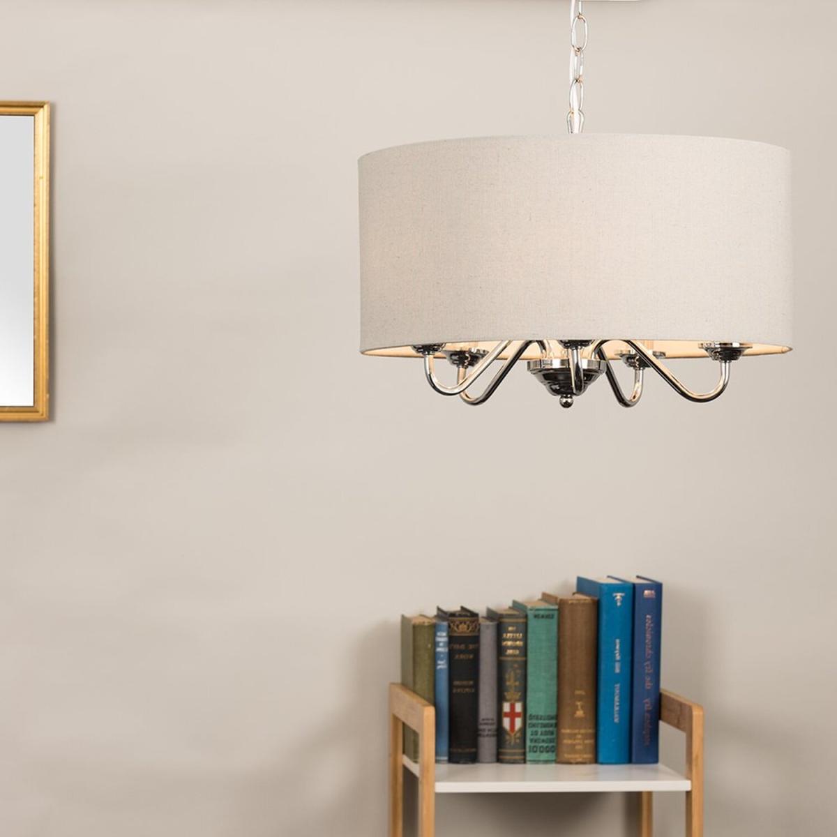 5 Way Chrome Silver Pendant Ceiling Light Grey Linen Shade - Silver – image 4