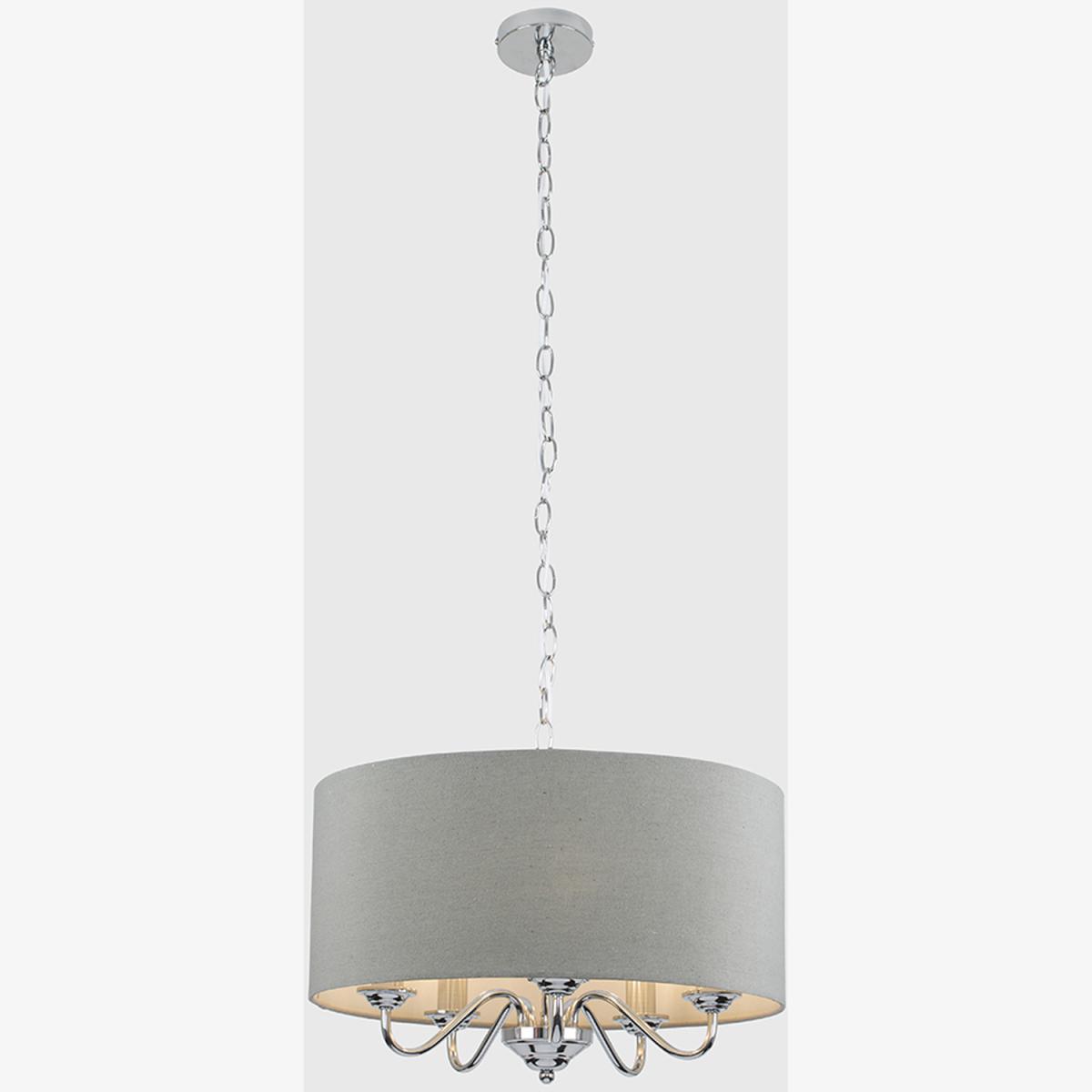 5 Way Chrome Silver Pendant Ceiling Light Grey Linen Shade - Silver – image 1