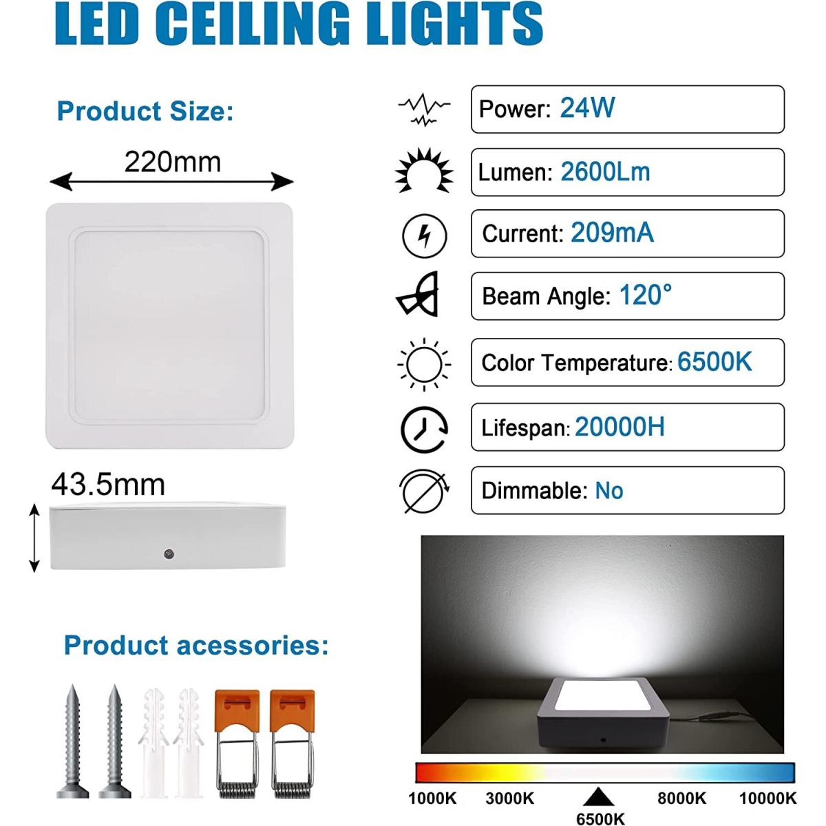 24W LED square Surface Mount Integrated Ceiling Light Flush Light cold white - White – image 4