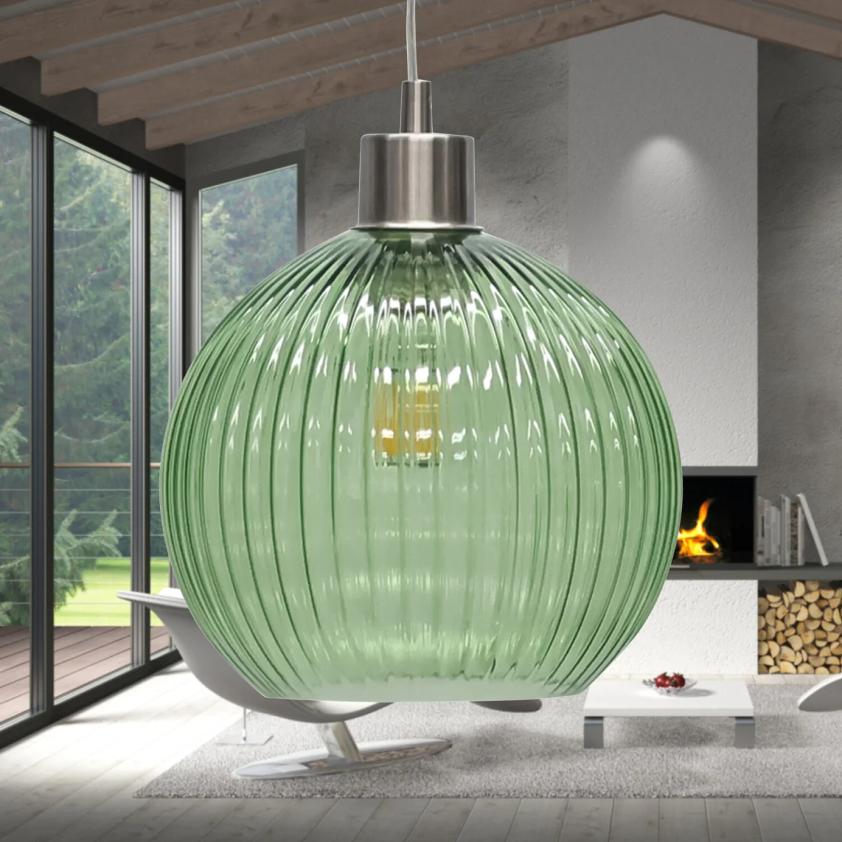 Betchley Green Ribbed Glass Globe With Satin Nickel Pendant Fitting - Satin Nickel & Green – image 4