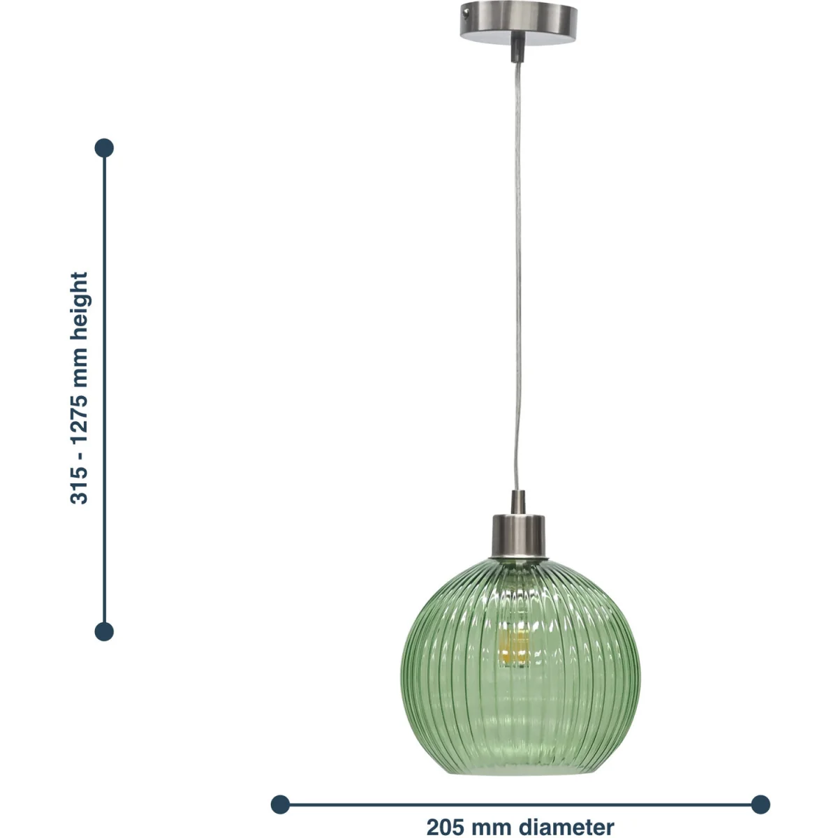 Betchley Green Ribbed Glass Globe With Satin Nickel Pendant Fitting - Satin Nickel & Green – image 8