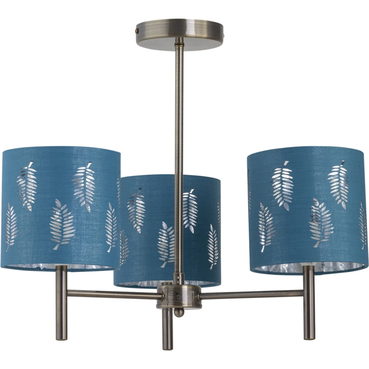 Set Of 2 Brea Antique Brass 3 Light Fittings With Teal Fern Shades - Antique Brass & Teal – image 3