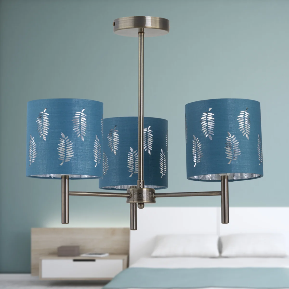 Set Of 2 Brea Antique Brass 3 Light Fittings With Teal Fern Shades - Antique Brass & Teal – image 5