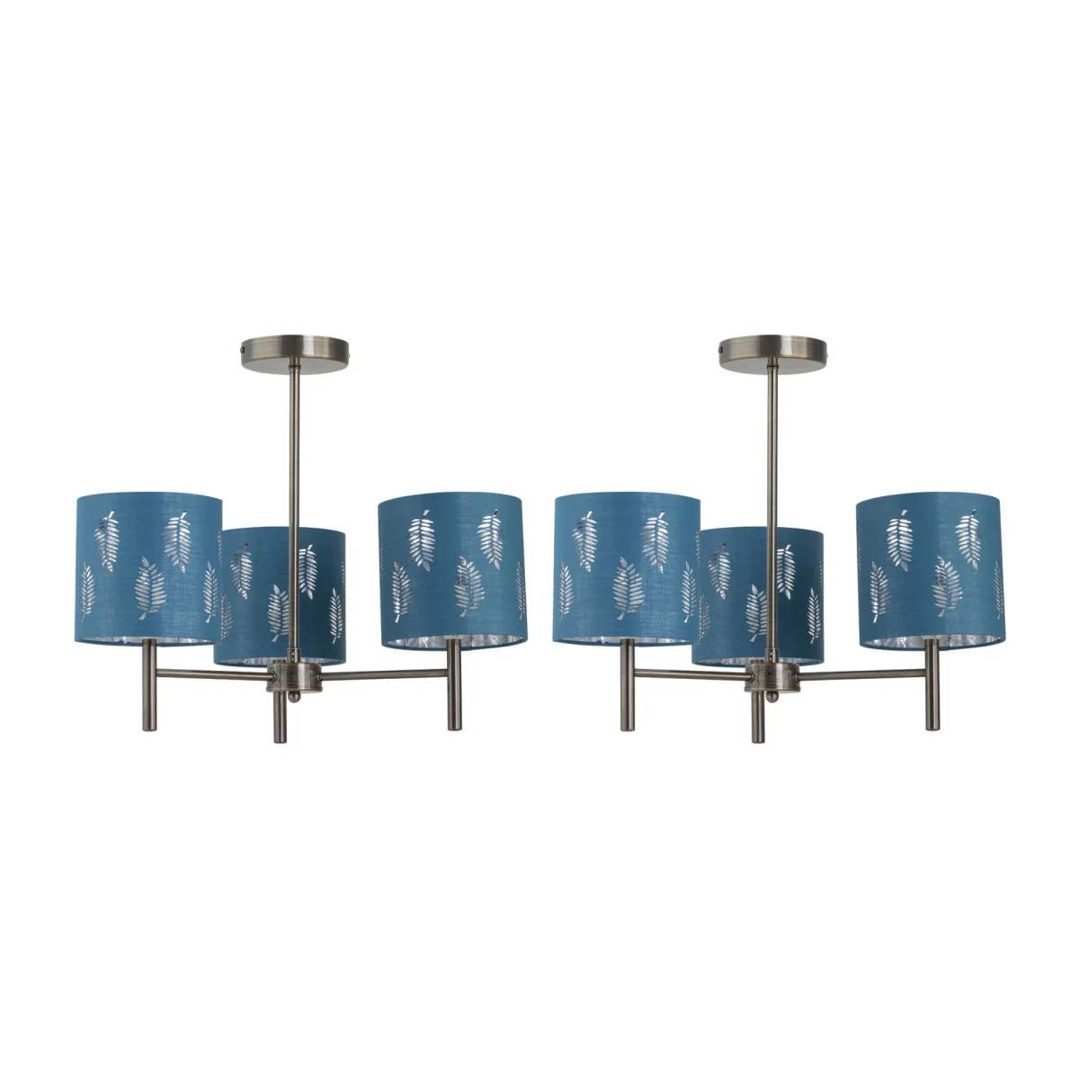 Set Of 2 Brea Antique Brass 3 Light Fittings With Teal Fern Shades - Antique Brass & Teal – image 1