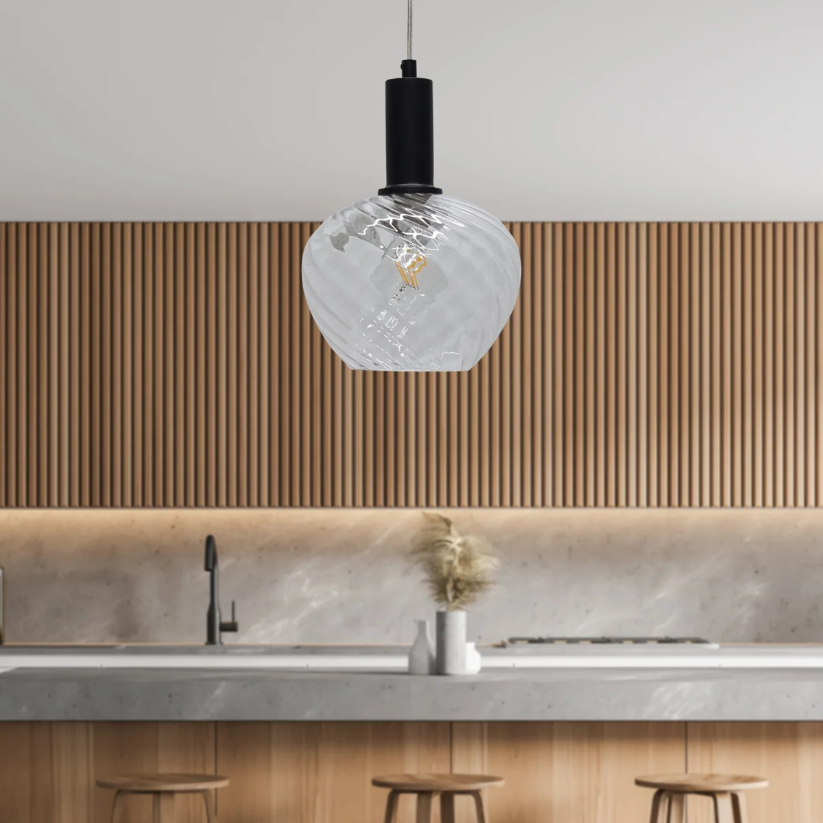Set Of 2 Bradson Clear Swirl Glass Black Deco Pendant Fittings - Black & Clear – image 3