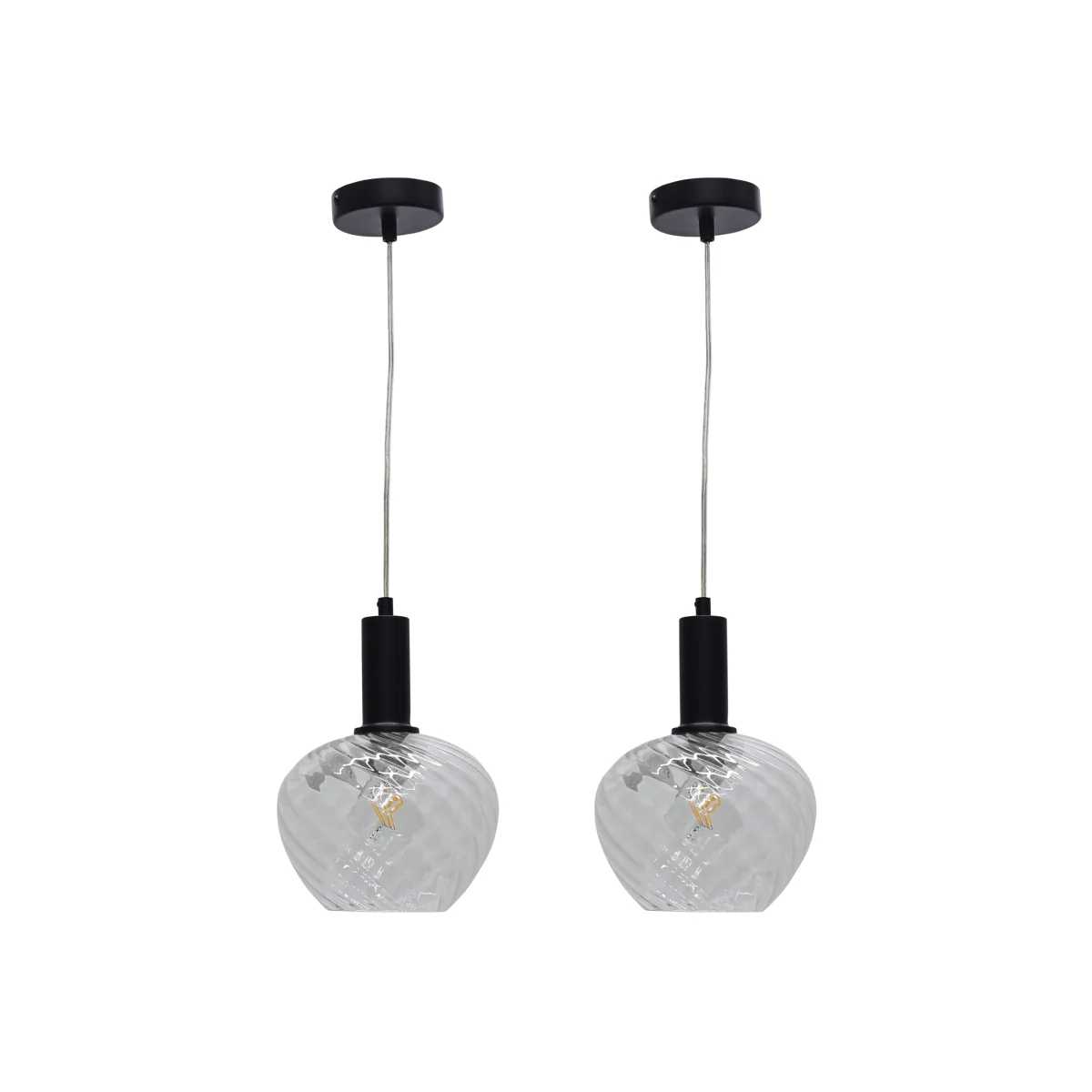 Set Of 2 Bradson Clear Swirl Glass Black Deco Pendant Fittings - Black & Clear – image 1