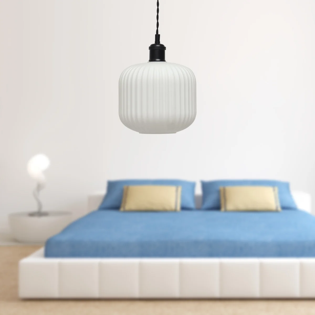 Bento Ceiling Single Pendant Light - White Ribbed Glass With Matt Black Detail – image 3