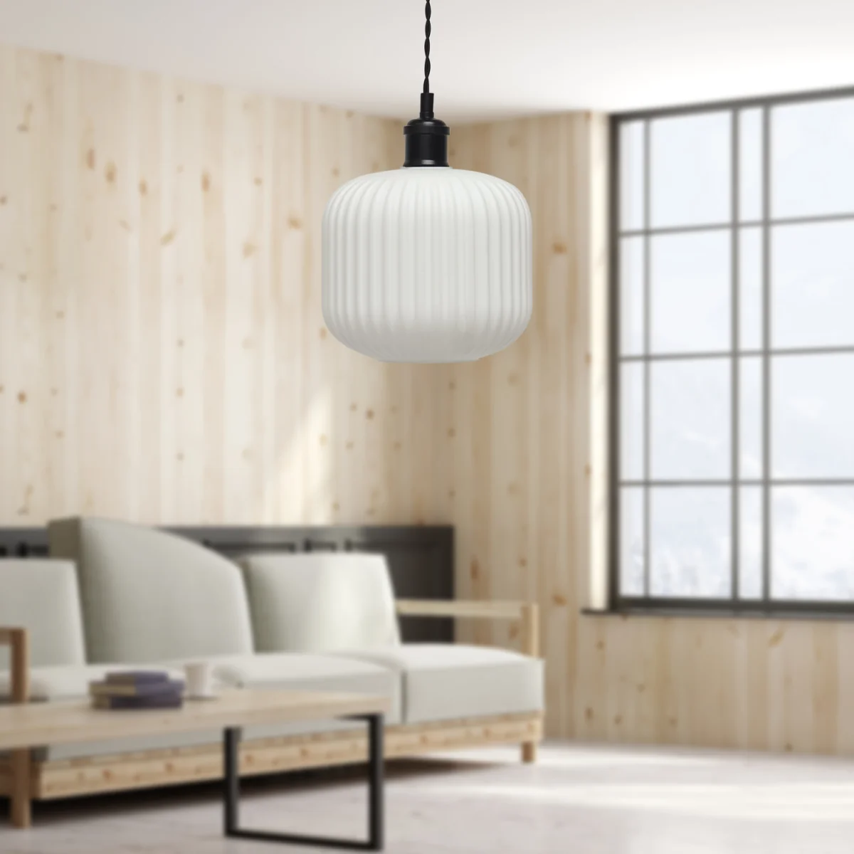 Bento Ceiling Single Pendant Light - White Ribbed Glass With Matt Black Detail – image 4