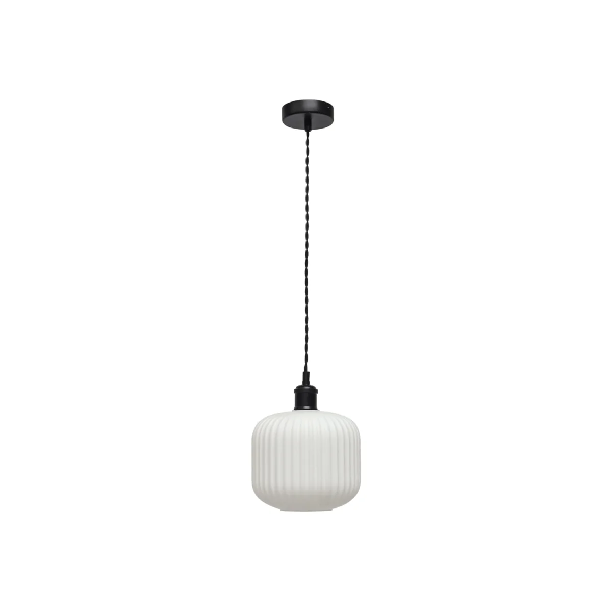 Bento Ceiling Single Pendant Light - White Ribbed Glass With Matt Black Detail – image 1