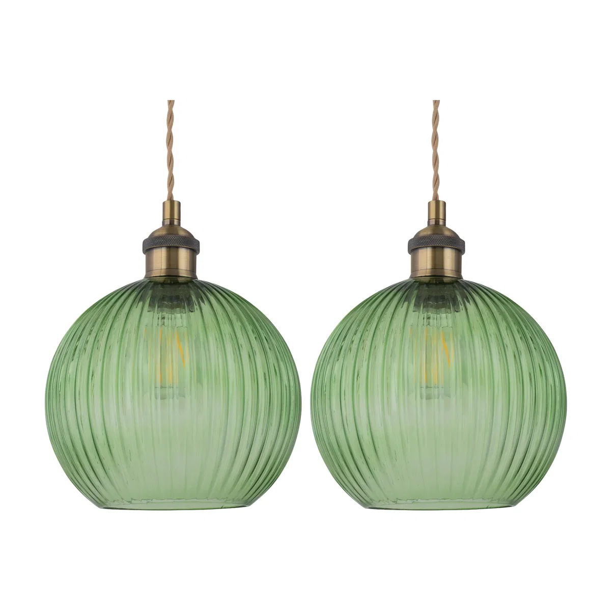 Set Of 2 Betchley Antique Brass Braided Pendants With Green Shade - Antique Brass & Green – image 1