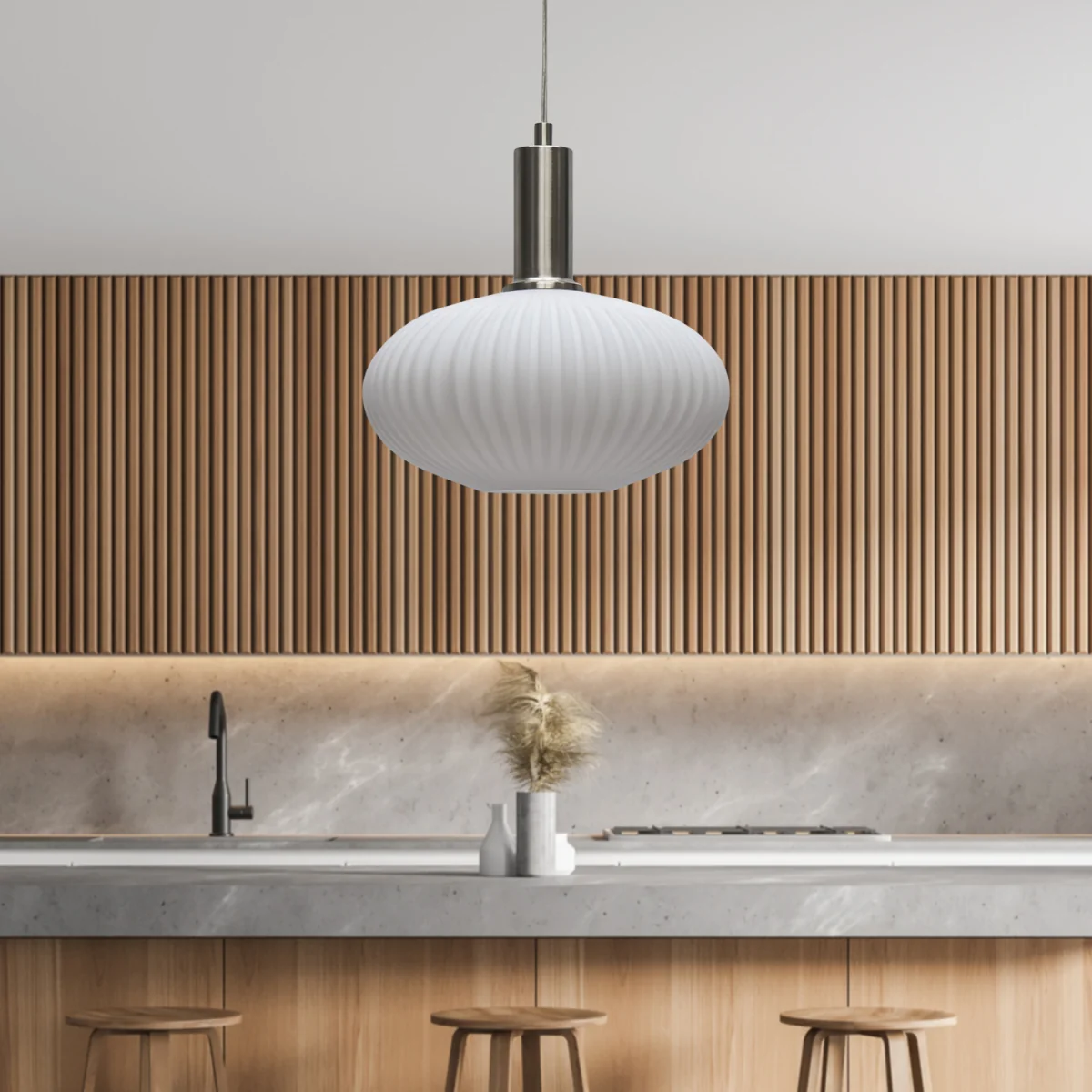 Baton White Ribbed Oval Glass Satin Nickel Deco Pendant Fitting - Satin Nickel & White – image 3