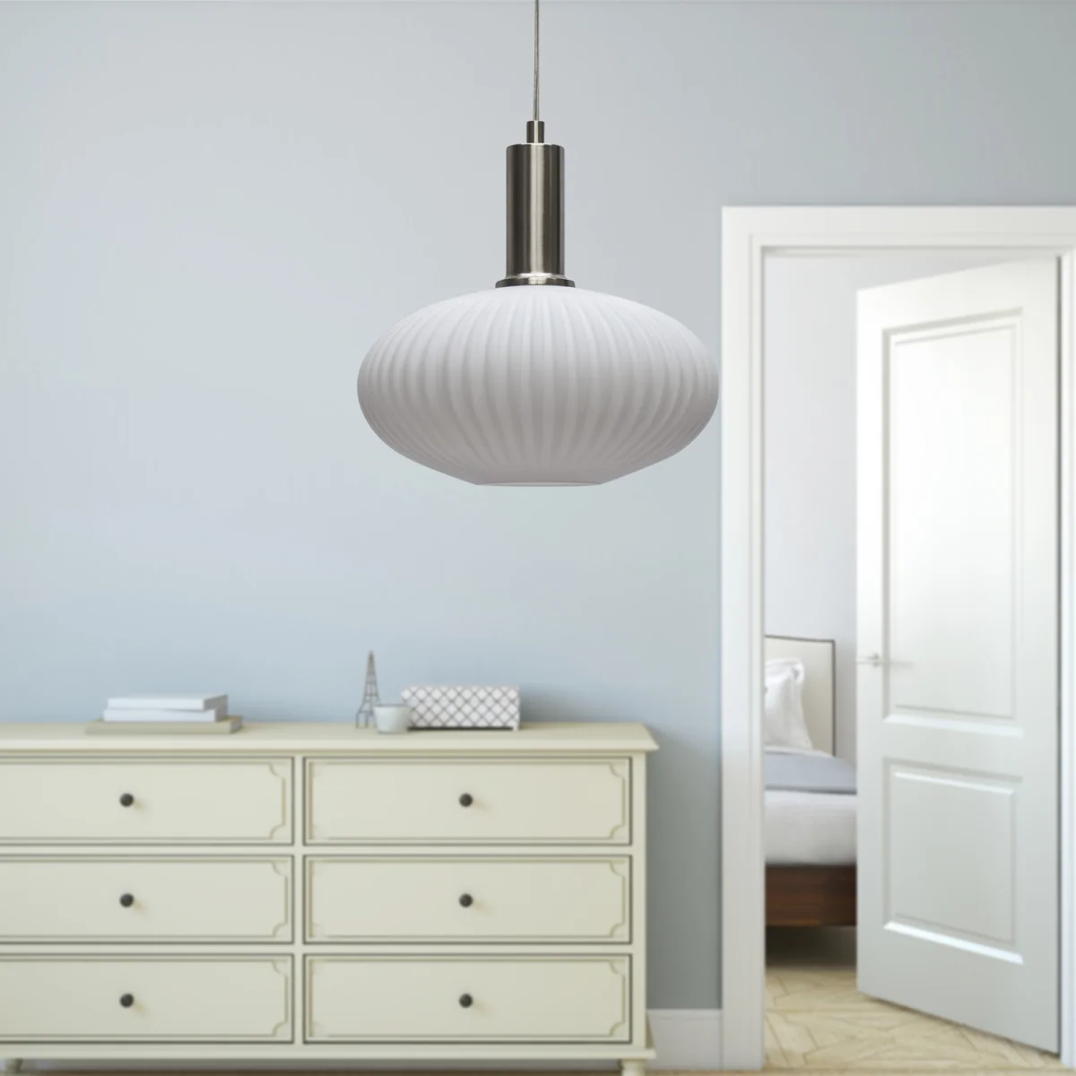 Baton White Ribbed Oval Glass Satin Nickel Deco Pendant Fitting - Satin Nickel & White – image 4