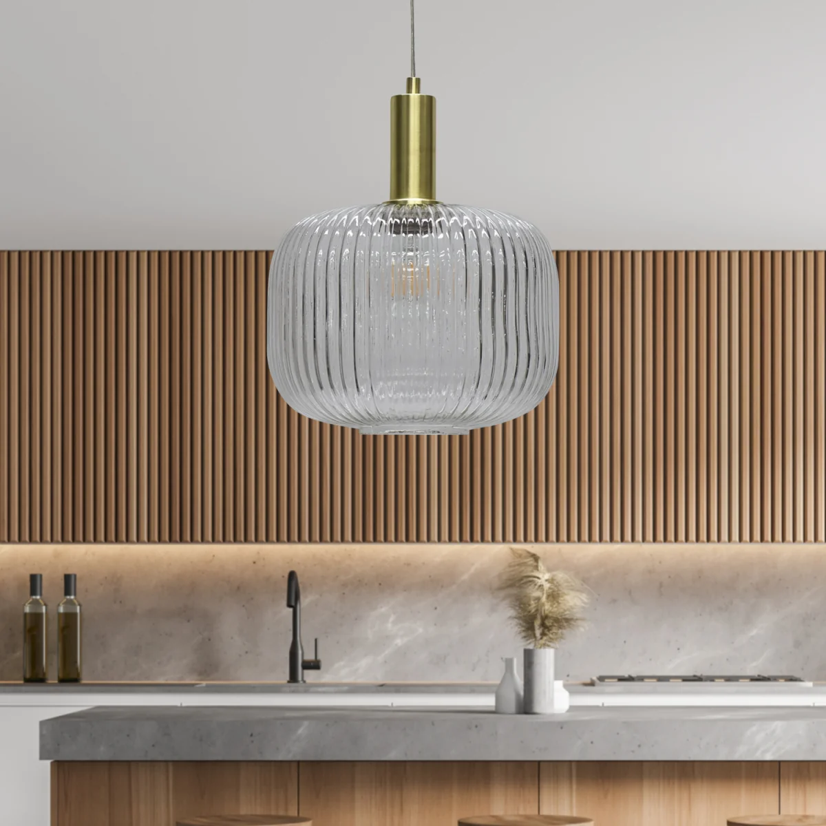 Batley Large Clear Ribbed Glass Satin Brass Deco Pendant Fitting - Satin Brass & Clear – image 3