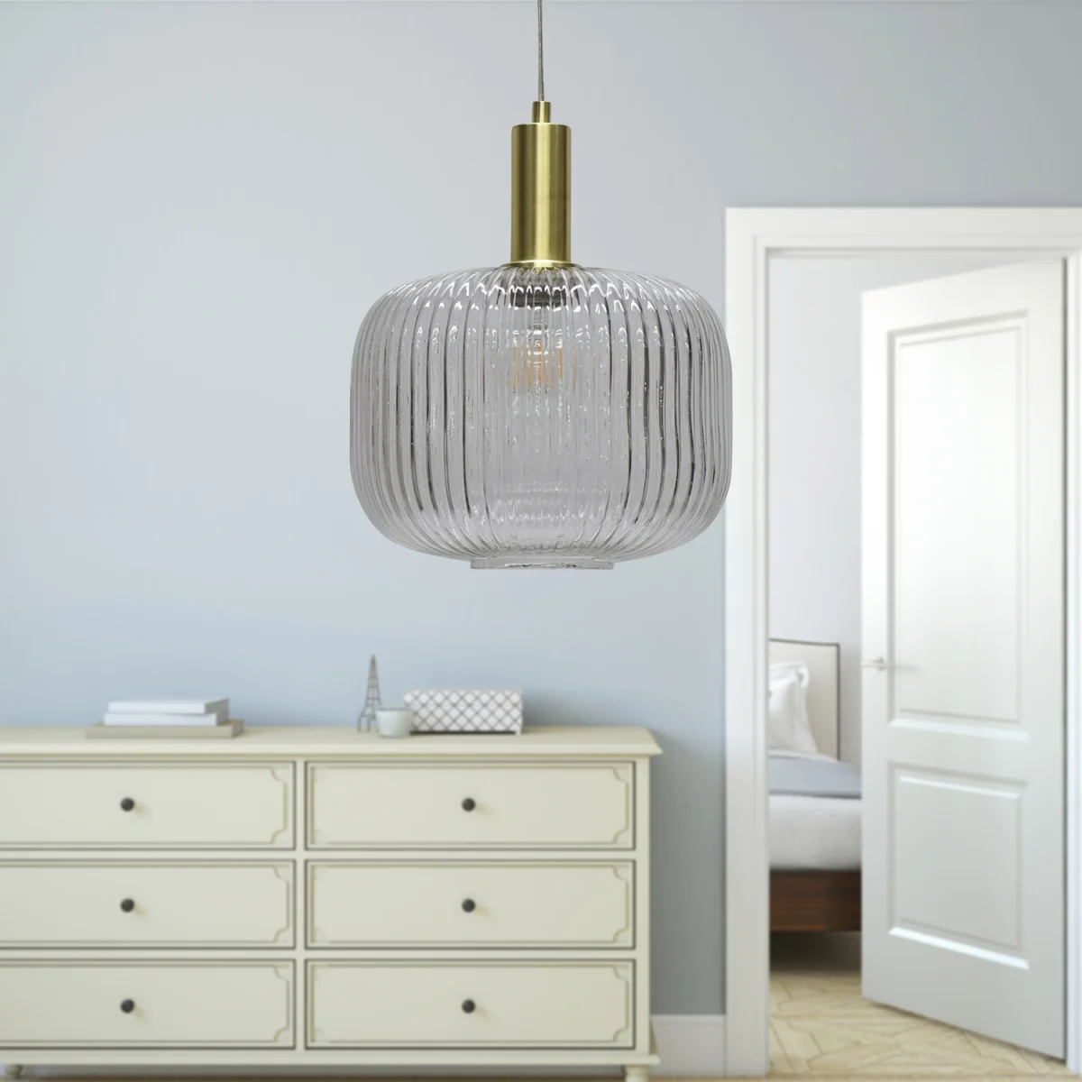 Batley Large Clear Ribbed Glass Satin Brass Deco Pendant Fitting - Satin Brass & Clear – image 4