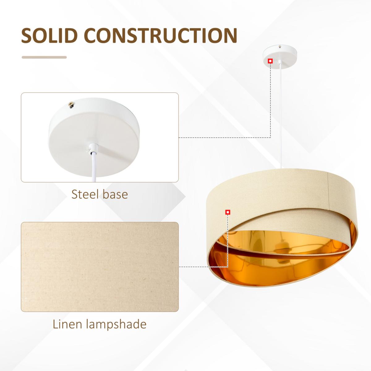 Modern Pendant Light with Adjustable Hanging Chain and Two Bevel Nested Lampshade - Beige, Gold – image 4