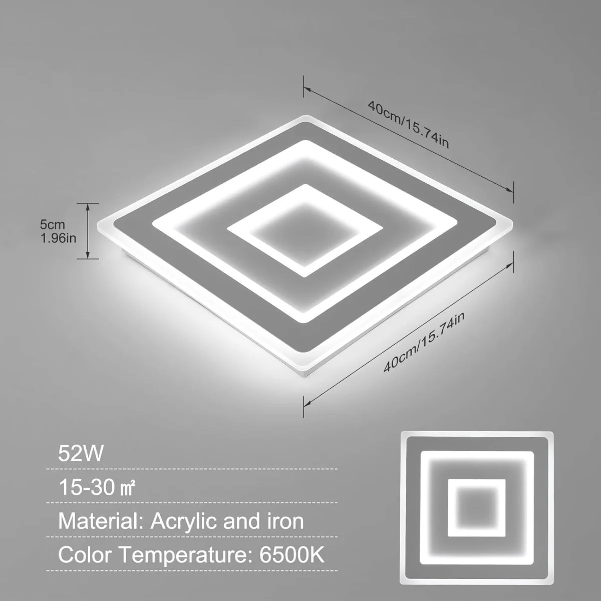 GOECO Square Ceiling Light, 52 W, Modern Flat Ceiling Light, 40 cm, 6500 K - White – image 6