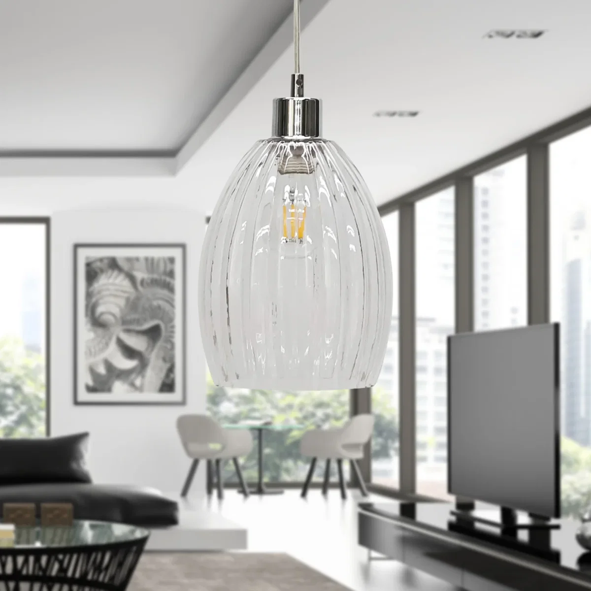 Birch Clear Fluted Glass With Chrome Pendant Fitting - Chrome & Clear – image 4