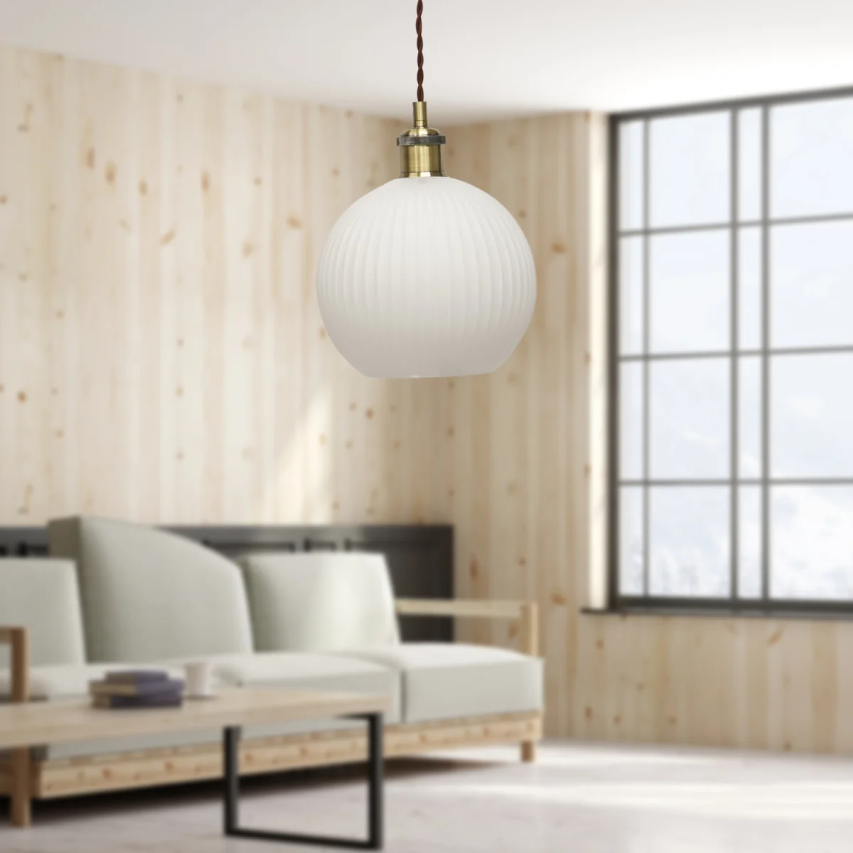 Set Of 2 Betchley White Ribbed Globe Antique Brass Retro Pendants - Antique Brass & White – image 4